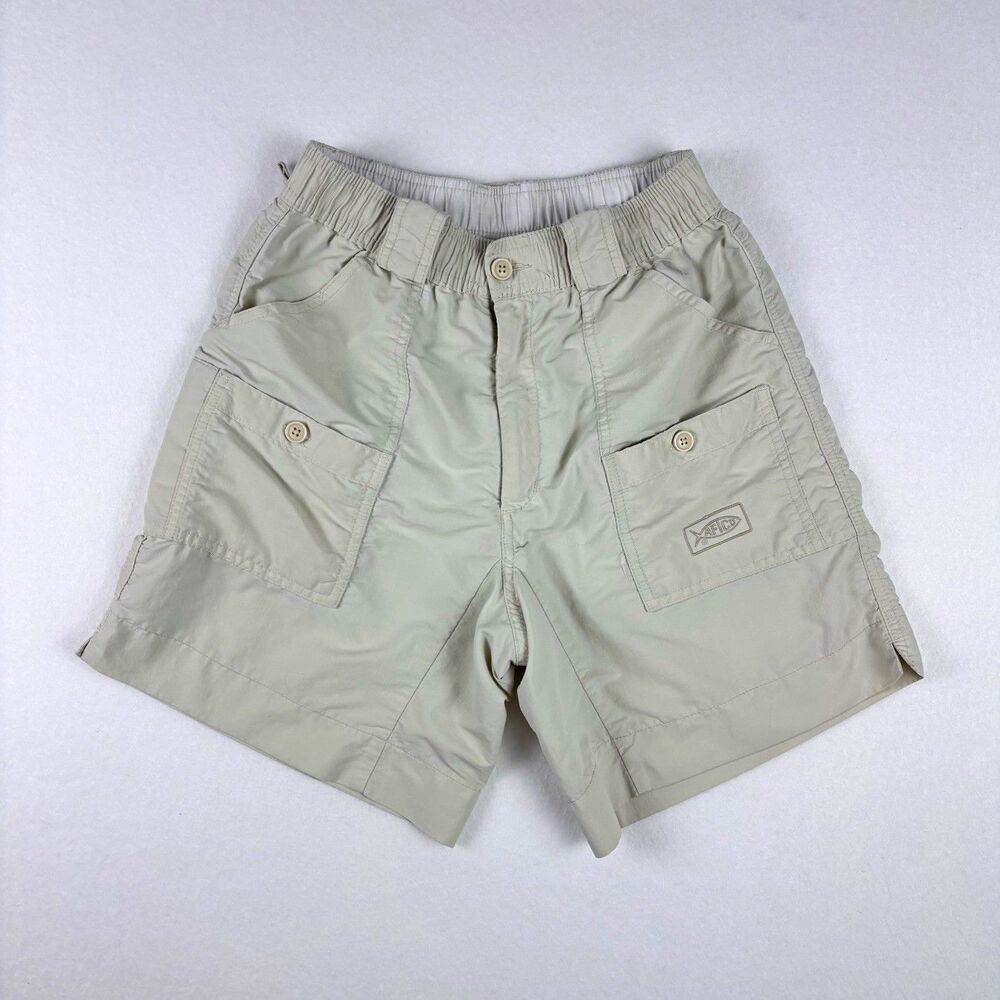 AFTCO Men’s Fishing Cargo Shorts Size 28 Khaki Elastic Waist Outdoor Angler